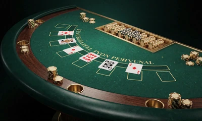 Live-Blackjack-Tisch mit gr&uuml;nem Filz und goldenen Chips im WildRobin Live Casino