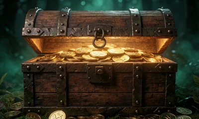 Leuchtende Schatztruhe voller Goldm&uuml;nzen &ndash; Symbol f&uuml;r die Bonus-Crab-&Uuml;berraschung im WildRobin Casino