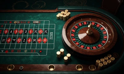 Live-Roulette-Tisch mit gr&uuml;nem Filz und goldenen Chips im WildRobin Live Casino